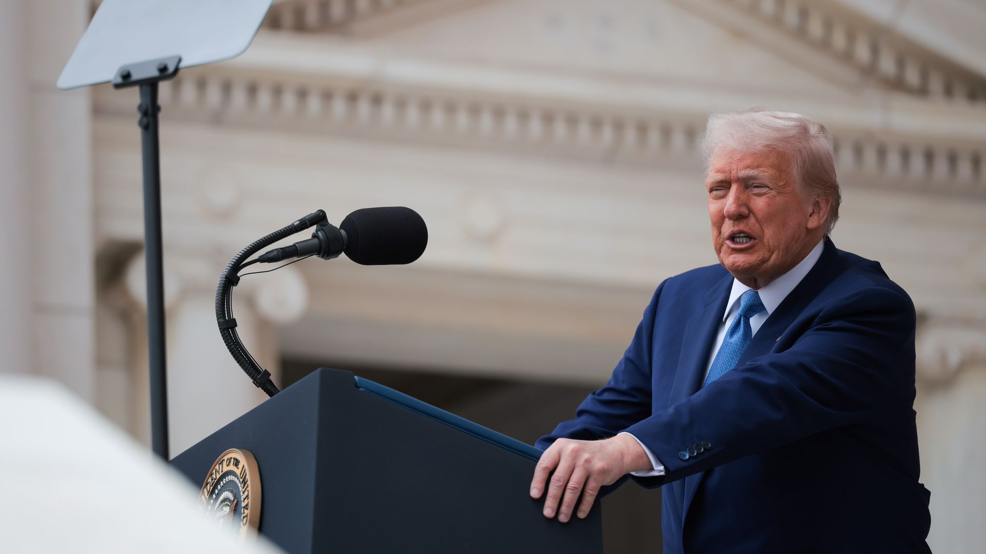 President Donald Trump speaks during the Memorial Day wreath-laying ceremony at the Memorial Amphitheater in Arlington National Cemetery on May 26, 2025 in Arlington, Virginia.