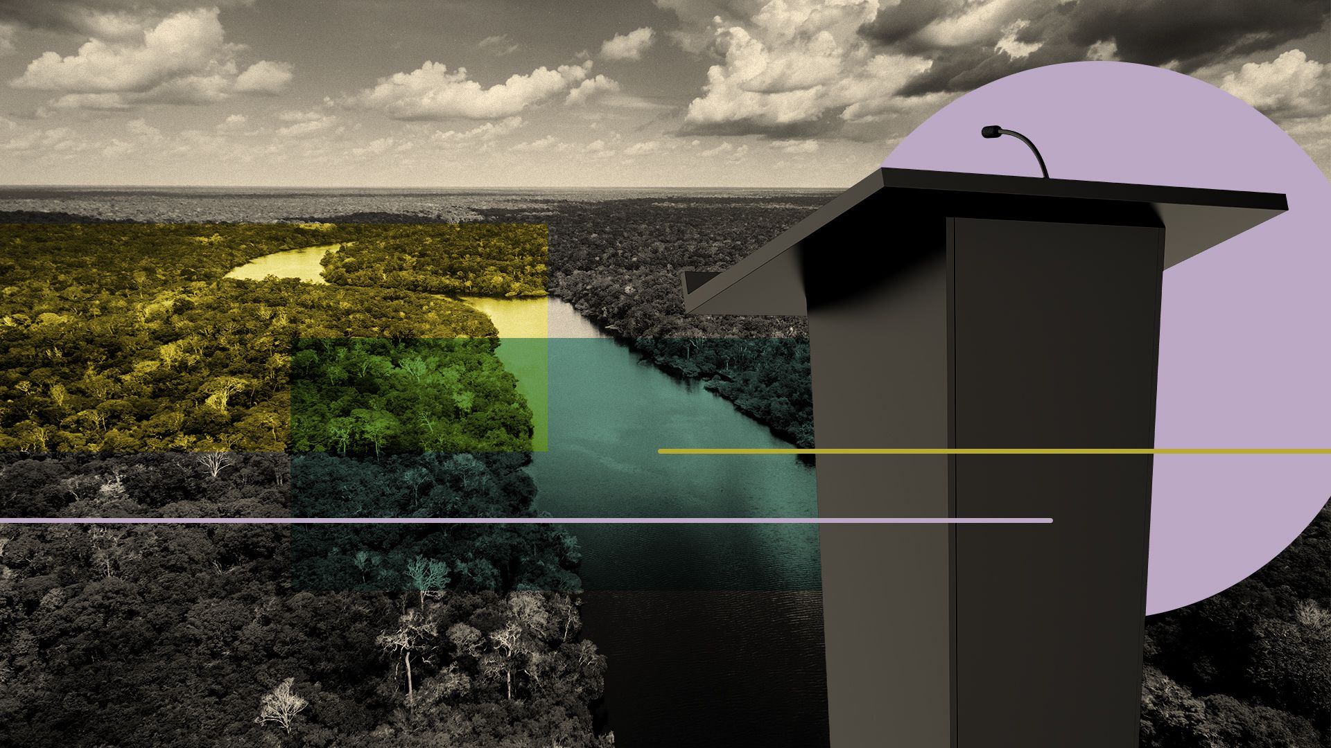 Illustration of a podium, abstract shapes, and the Amazon River in Brazil.