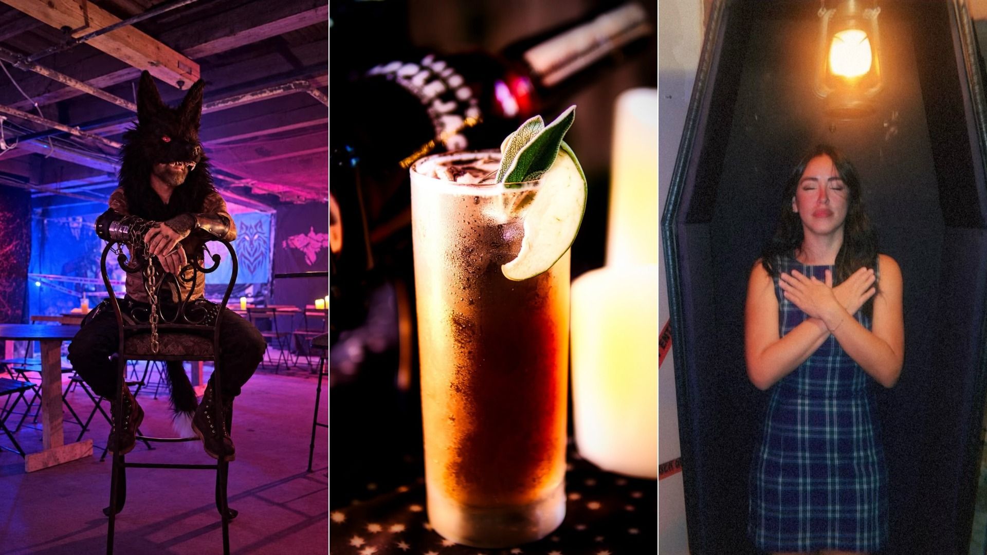 Triptych: left—a person in a black wolf mask sits on a chair in a neon-lit room; center—a tall iced cocktail with lime; right—a woman in a plaid dress with closed eyes in a dark elevator, arms crossed.