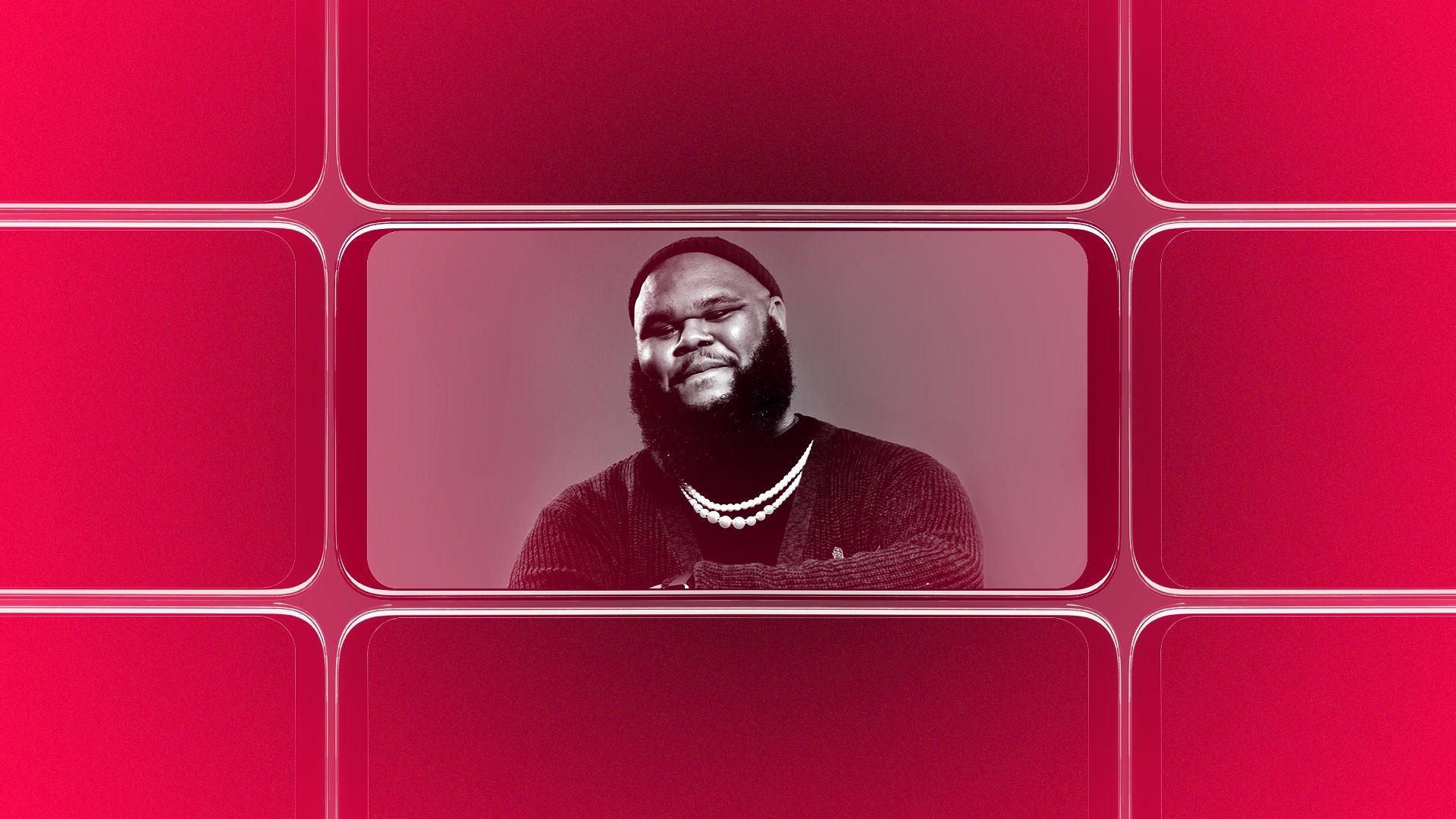 Photo illustration of a grid of smartphone screens, the center one showing an image of Rasheed Ajamu.
