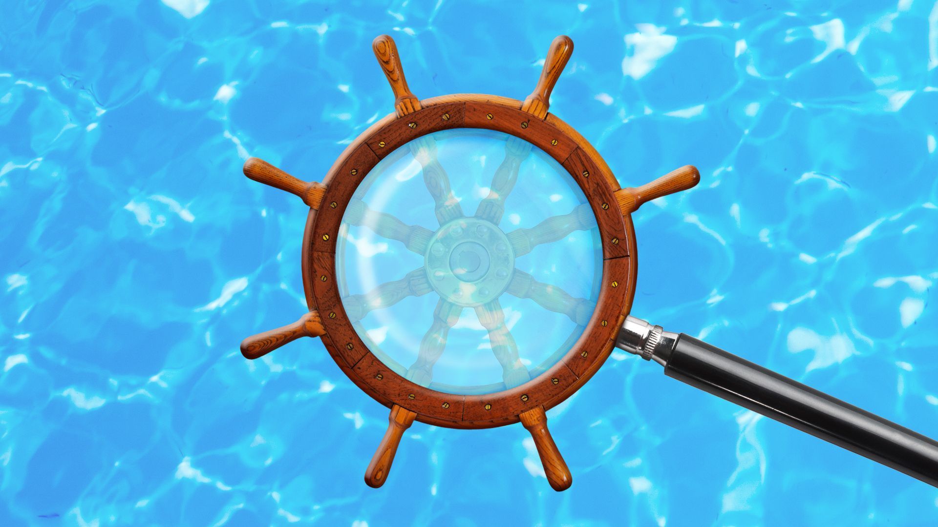 Illustration of a ship's steering wheel in the form of a magnifying glass over water