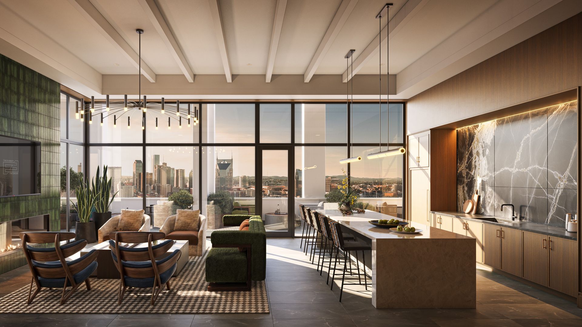 A lounge with a view of the Nashville skyline.