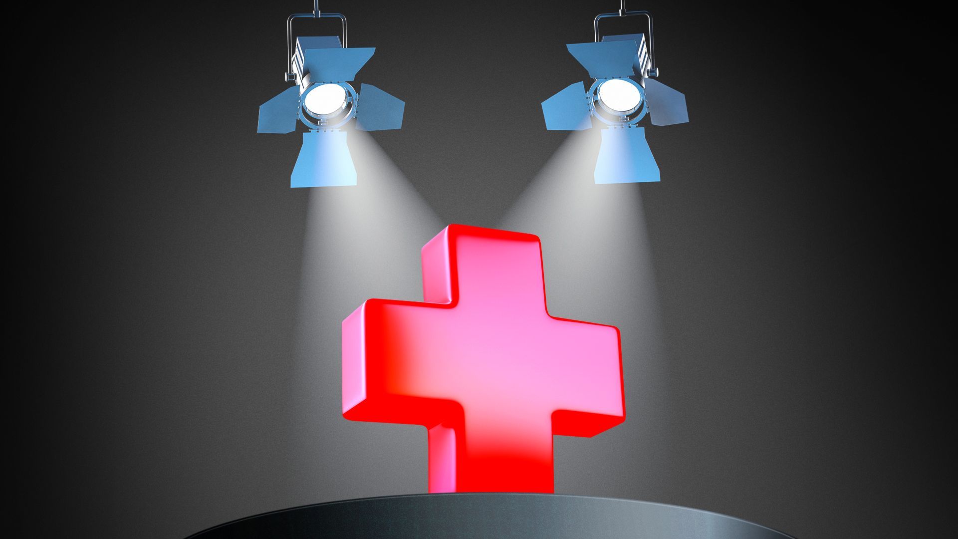 Illustration of a medical red cross under spotlights on a stage.