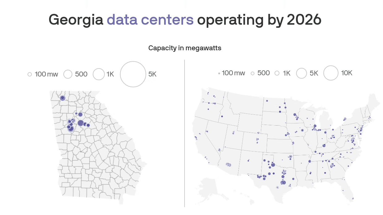 Maps of Georgia and the United States show the expected locations of data centers by the end of 2026 and the locations of proposed data centers in future years.