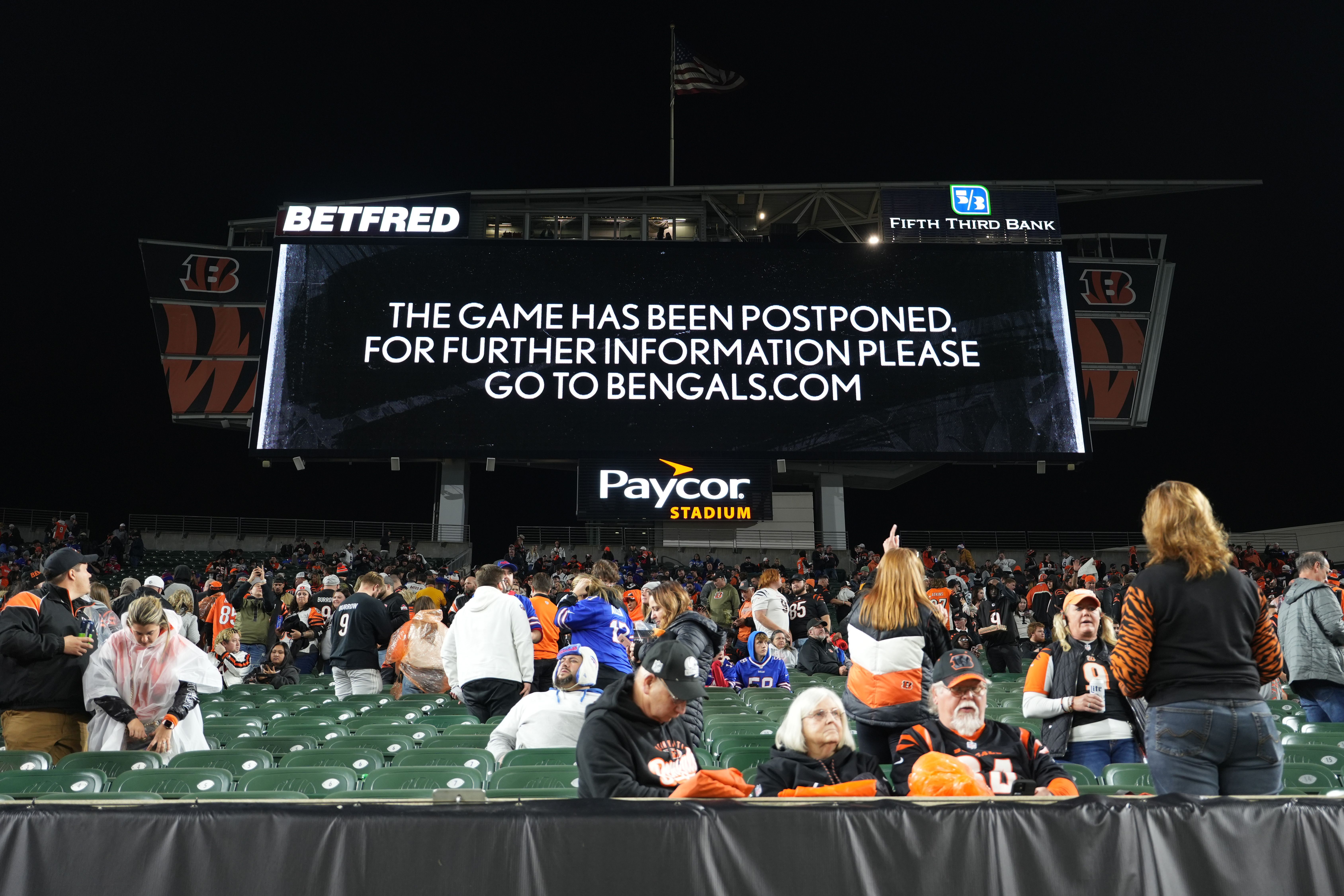 The postponement message shown at Paycor Stadium. Photo: Dylan Buell/Getty Images
