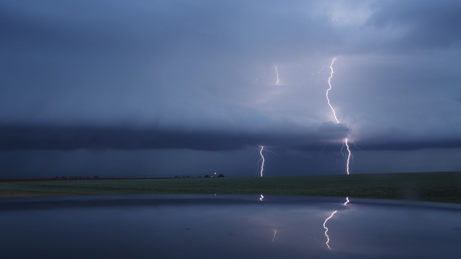 Cloud to ground lightning strikes during a supercell thunderstorm in Texas. 