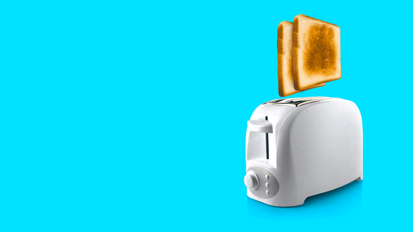 An illustration of a toaster toasting bread, and the bread shooting out of sight