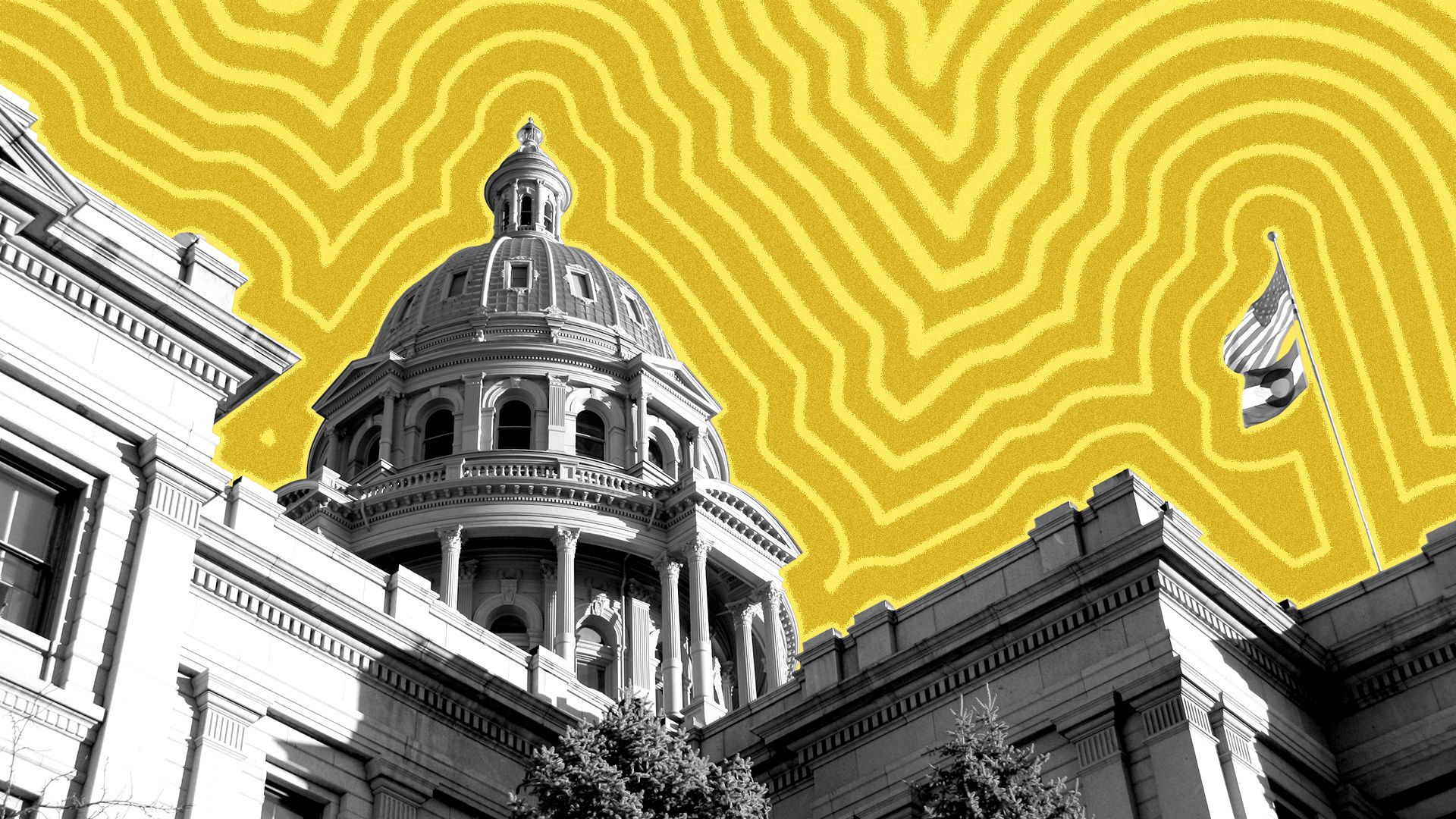 Illustration of the Colorado State Capitol with lines radiating from it. 