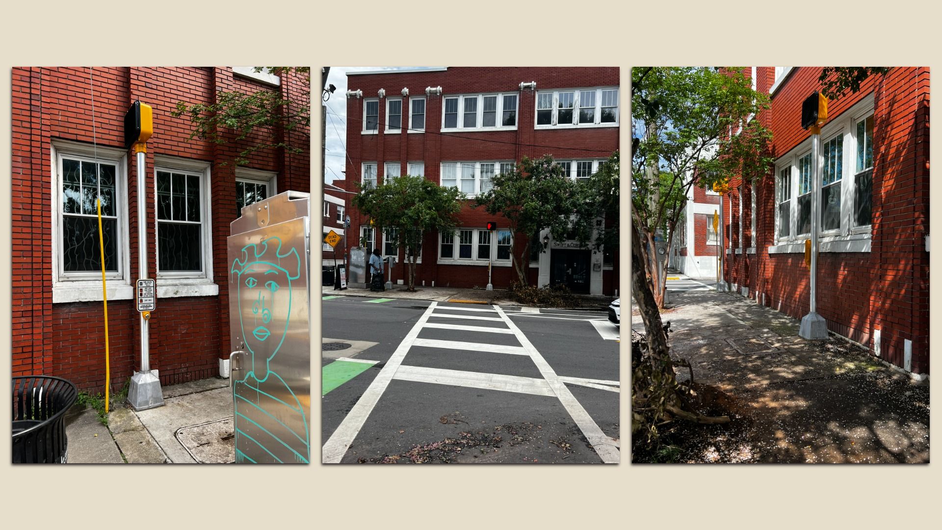 Triptych of a city street: red brick buildings with white windows, green trees, and yellow traffic signals. A turquoise graffiti panel sits by the sidewalk near bold crosswalk markings.