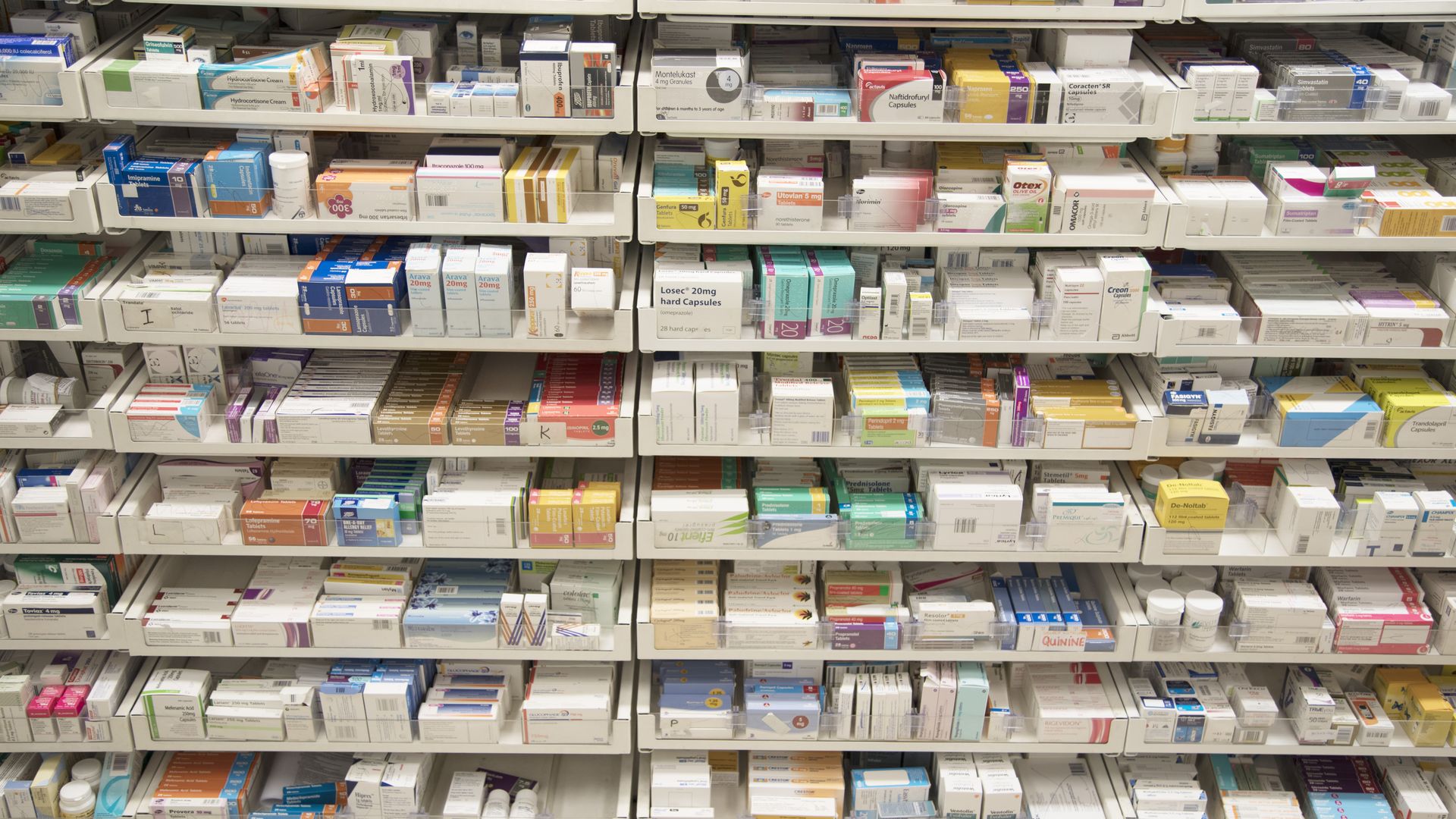 Prescription drugs on pharmacy shelves