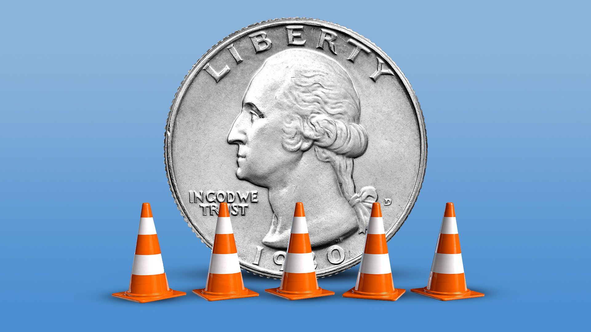 Illustration of a row of traffic cones in front of a giant quarter.   
