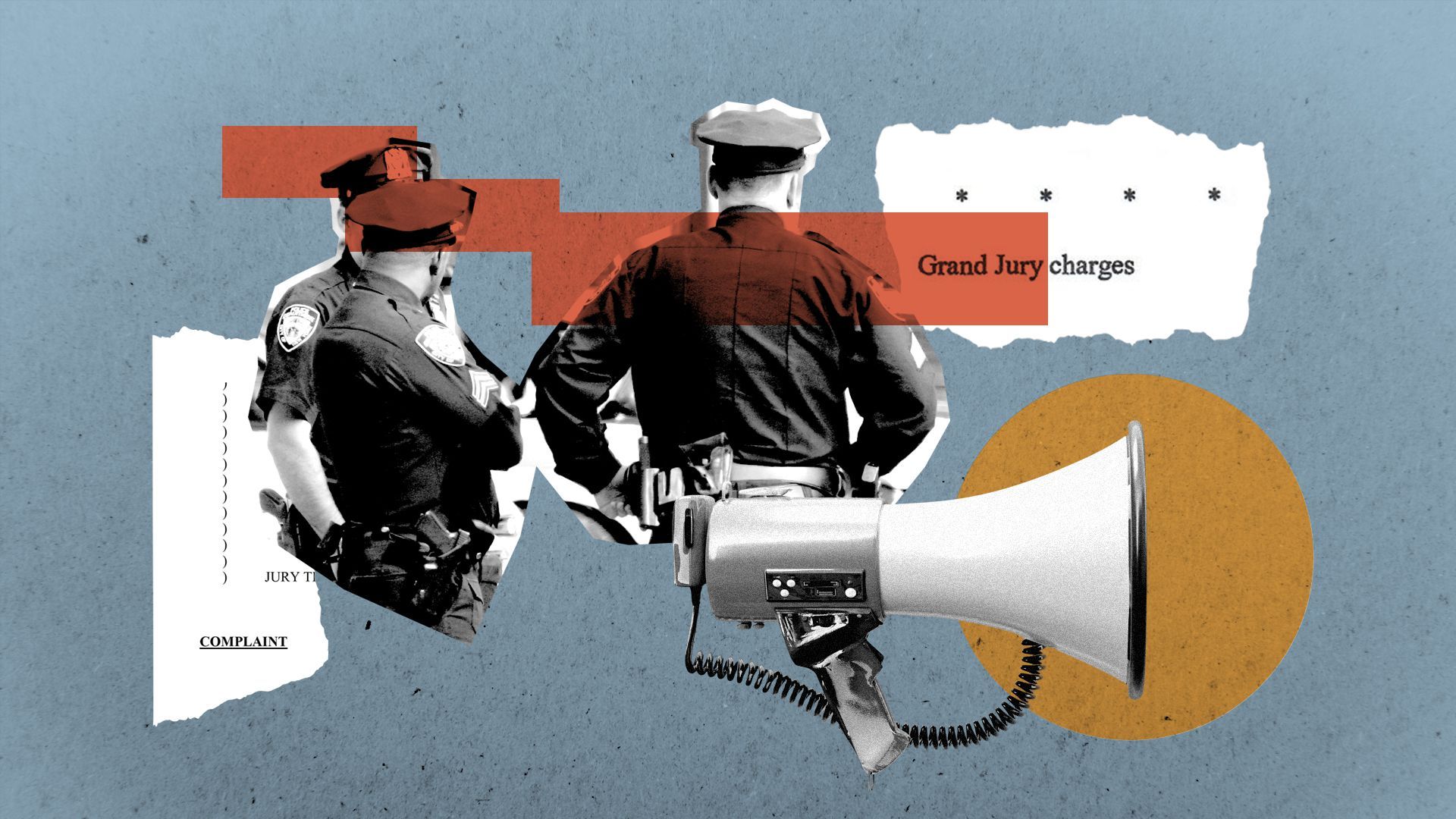 Illustration of a collage featuring police officers, a megaphone, and torn pieces of legal documents.