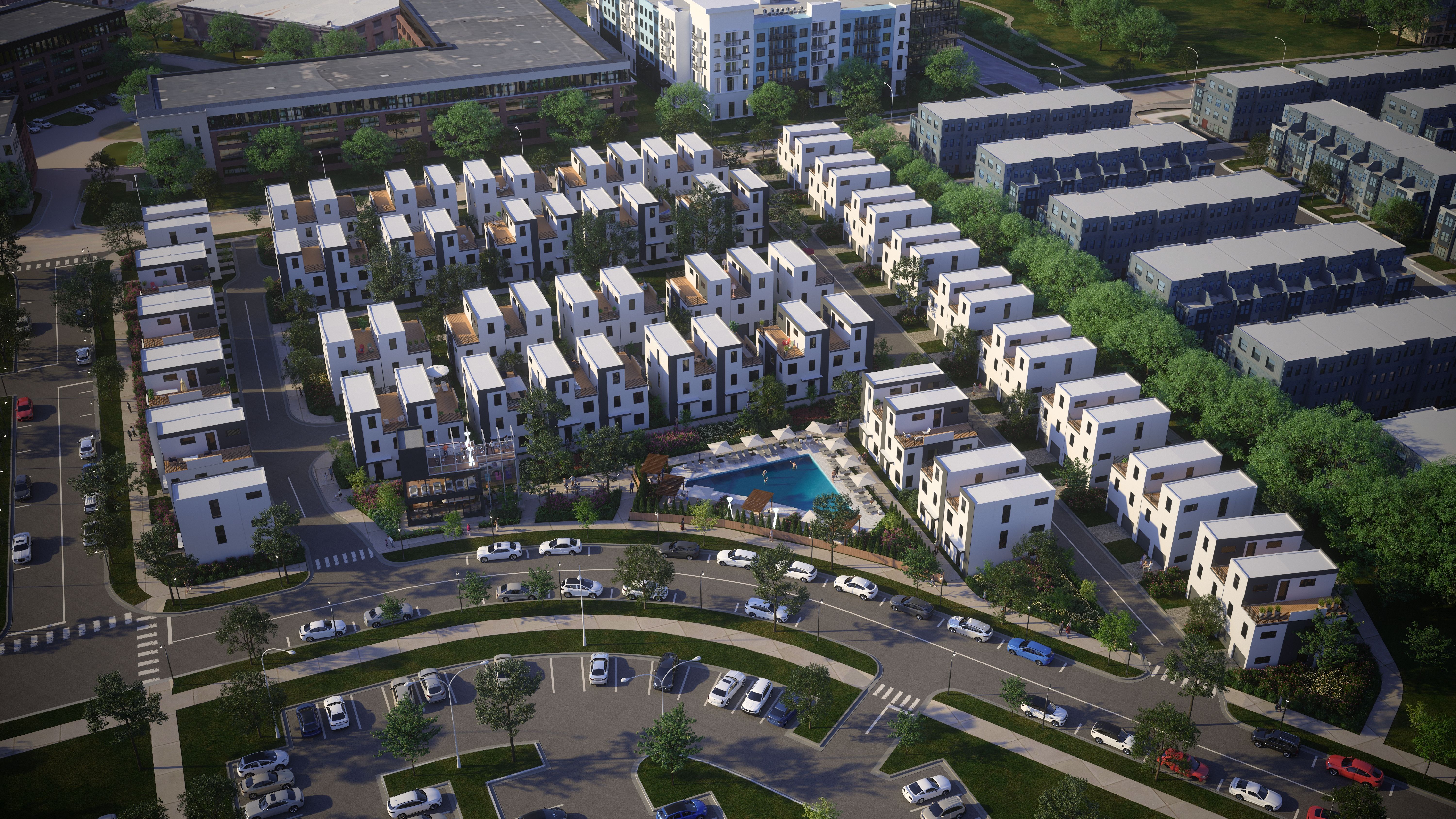 Aerial view of a modern townhomes
