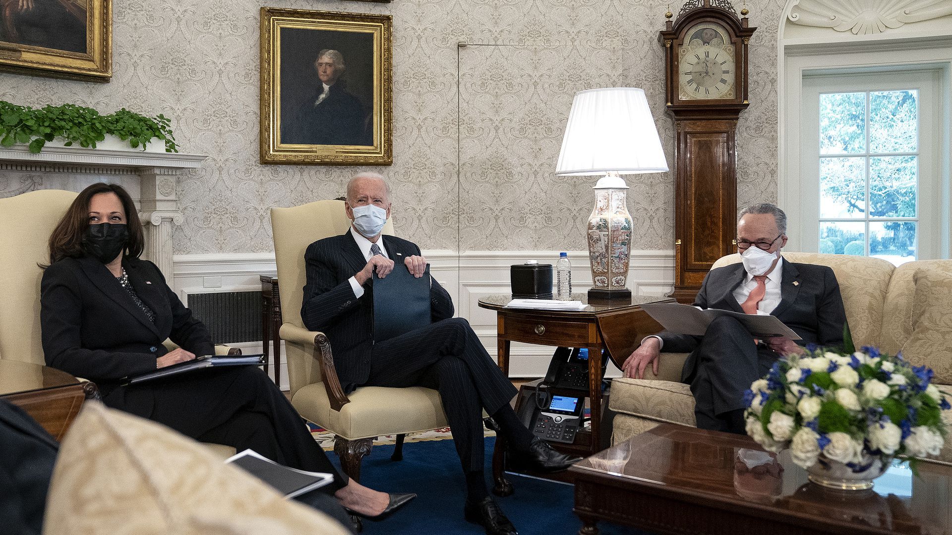 Joe Biden with Harris and Schumer in Oval Office