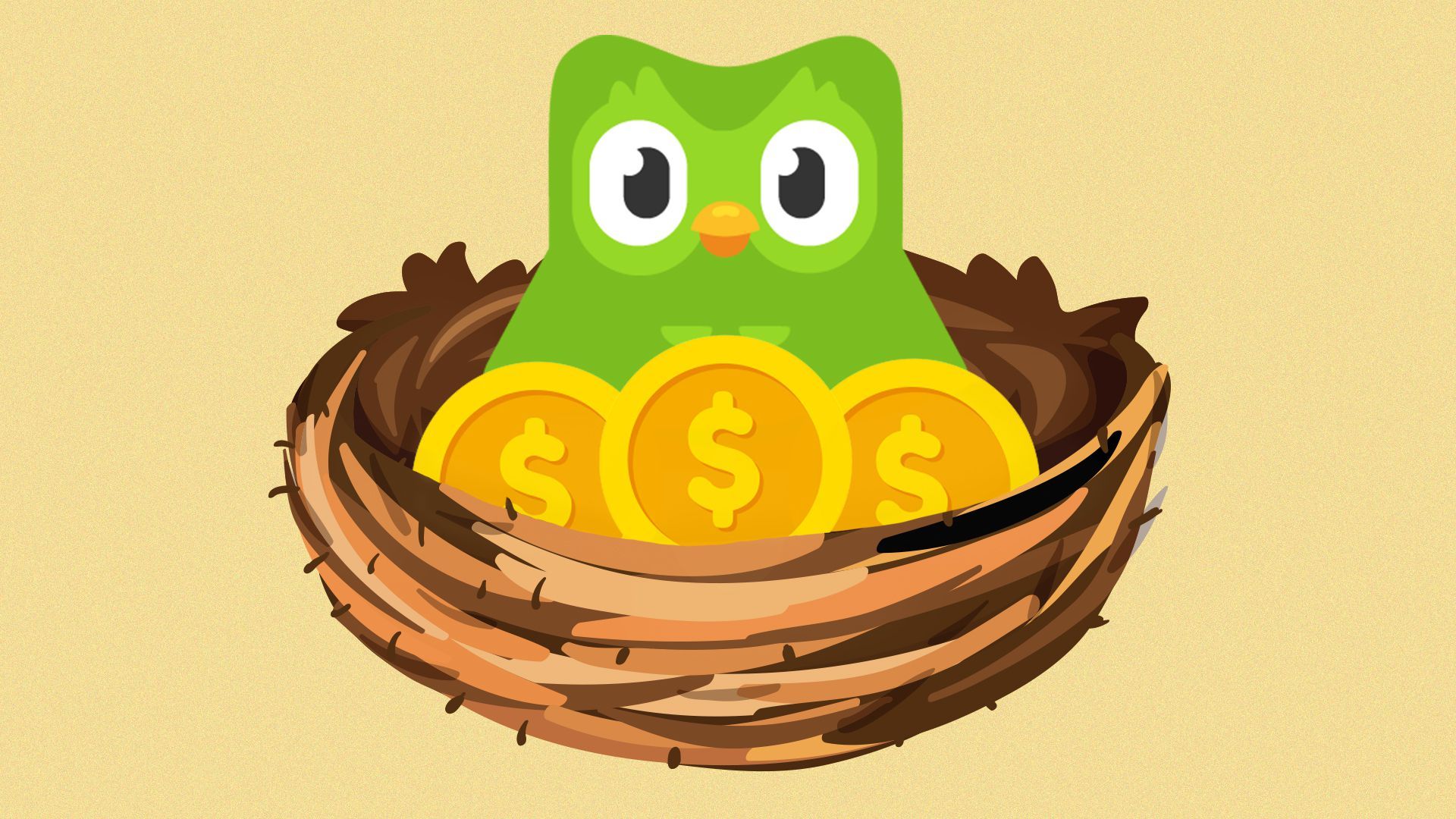 Illustration of the Duolingo owl in a nest with coins. 