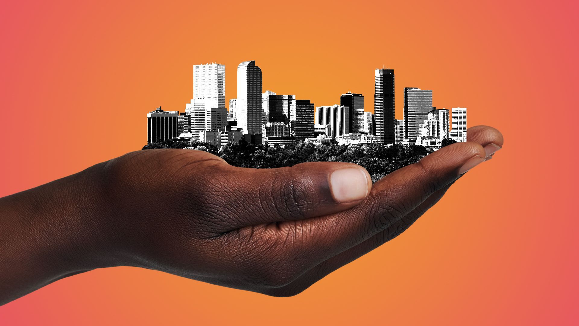 Illustration of a Black woman's hands holding the city of Denver.