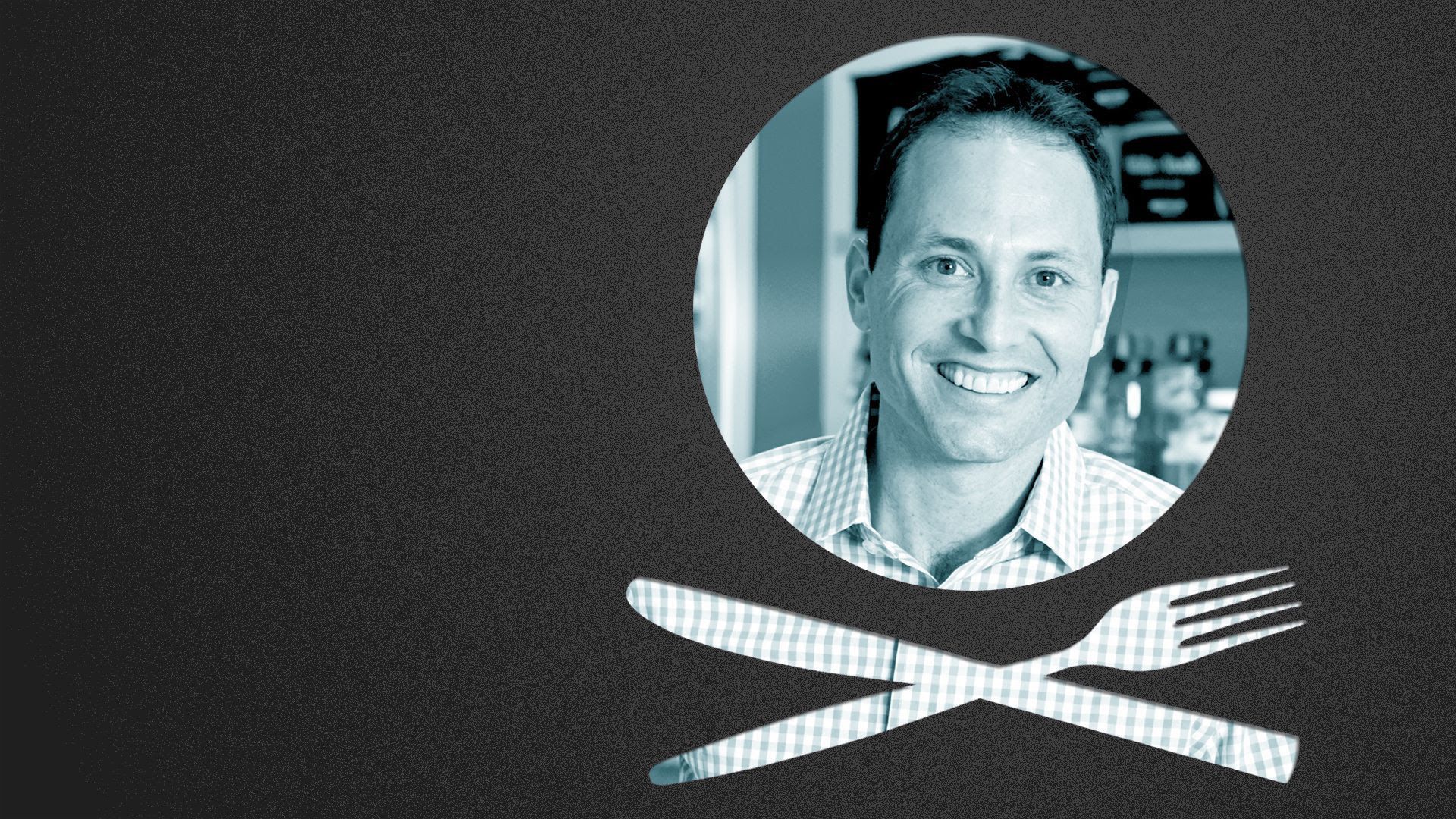 A head shot of David Osterweil over a fork and knife illustration.