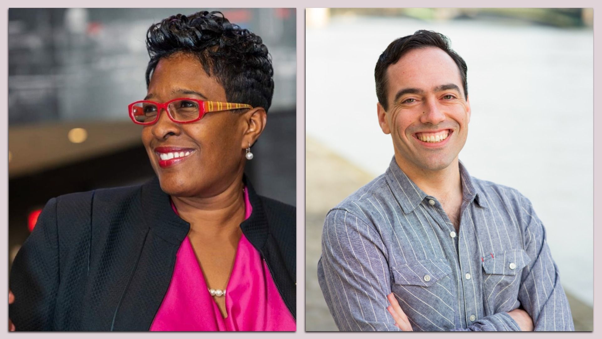 An individual with pink glasses smiling. An individual with their arms crossed smiles.