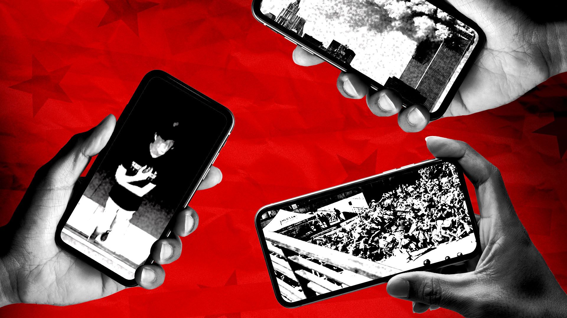 Photo illustration of multiple hands holding cell phones featuring a photo Iryna Zarutska, a photo of the Charlie Kirk event at the Utah Valley college campus, and photo of the World Trade Center on 9/11 over a background of red stars and stripes