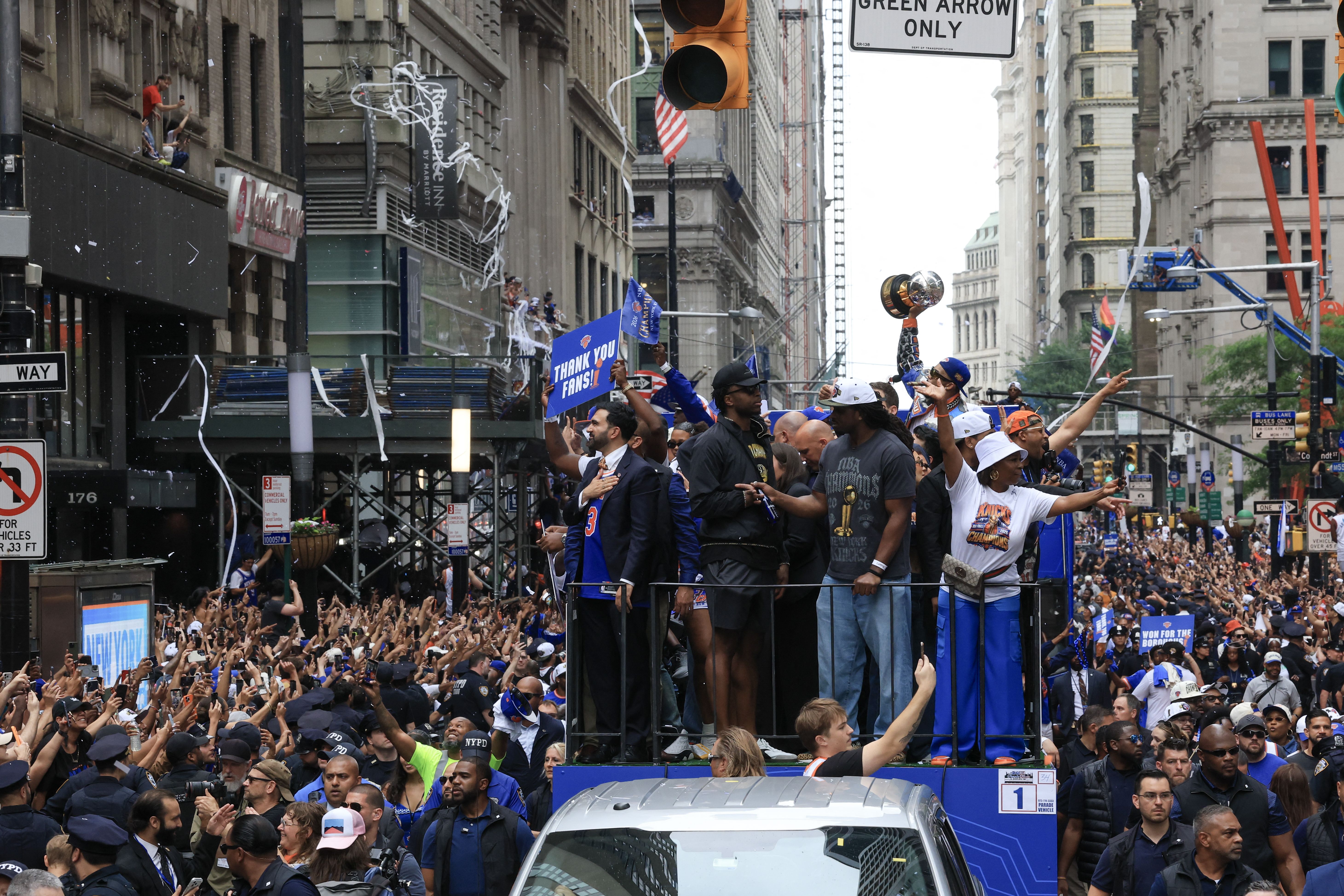 Knicks players and NYC Mayor Zohran Mamdani at today's victory parade in lower Manhattan. Photo: Timothy A. Clary/AFP via Getty Images