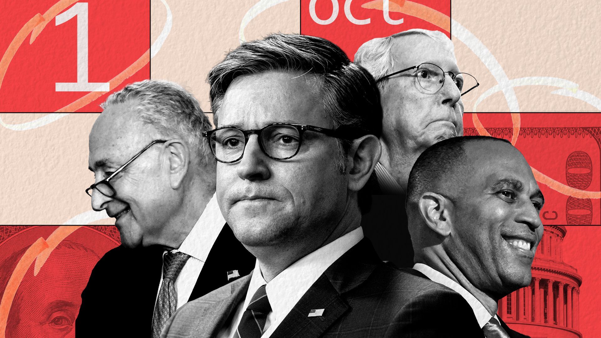 Photo illustration of US House Speaker Mike Johnson, Sen. Chuck Schumer, Sen. Mitch McConnell, and US House Minority Leader Hakeem Jeffries, in front on a calendar-like collage with numbers, currency, and the Capitol Dome 