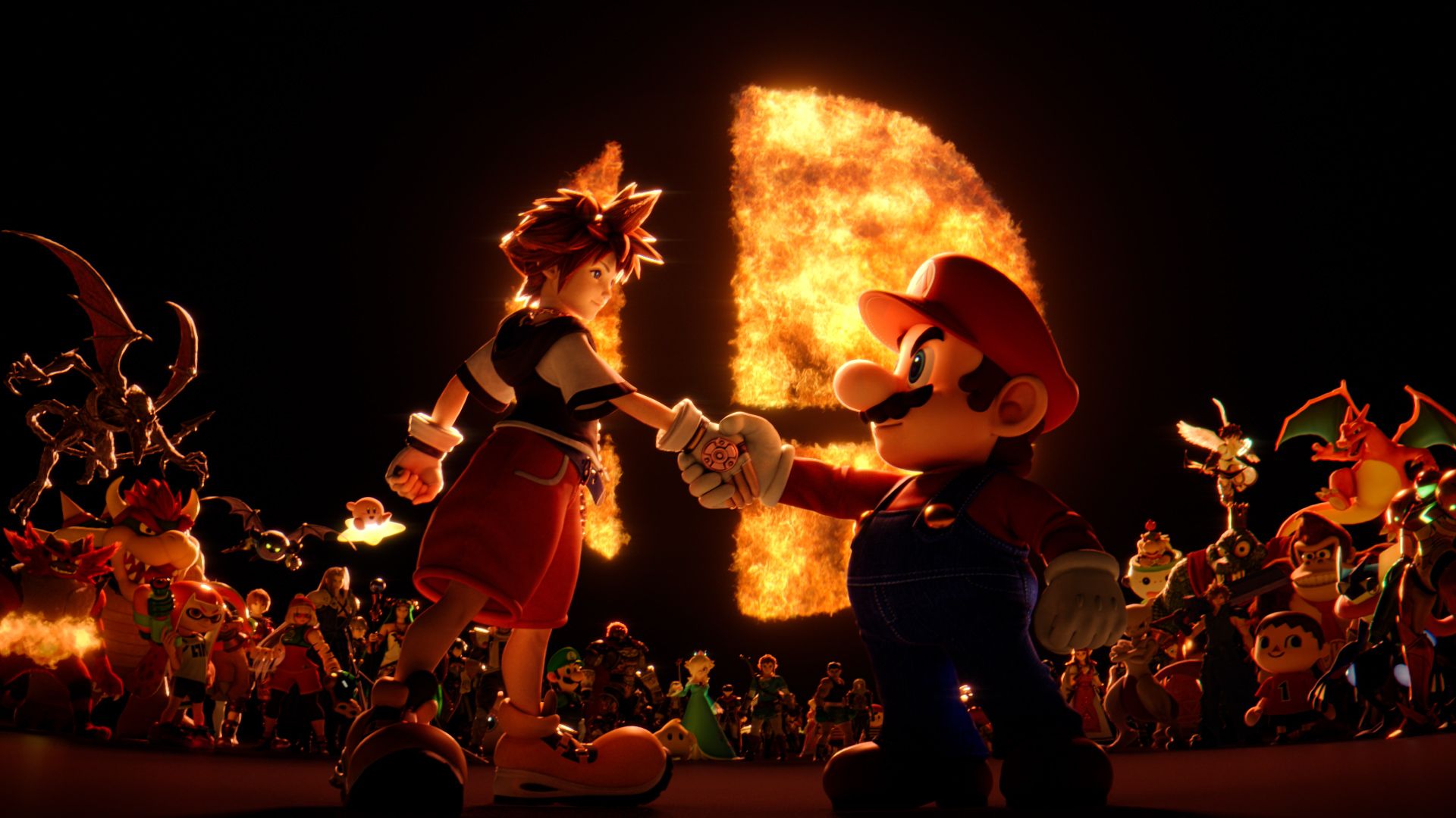 Digital illustration of Sora from Kingdom Hearts shaking hands with Super Mario