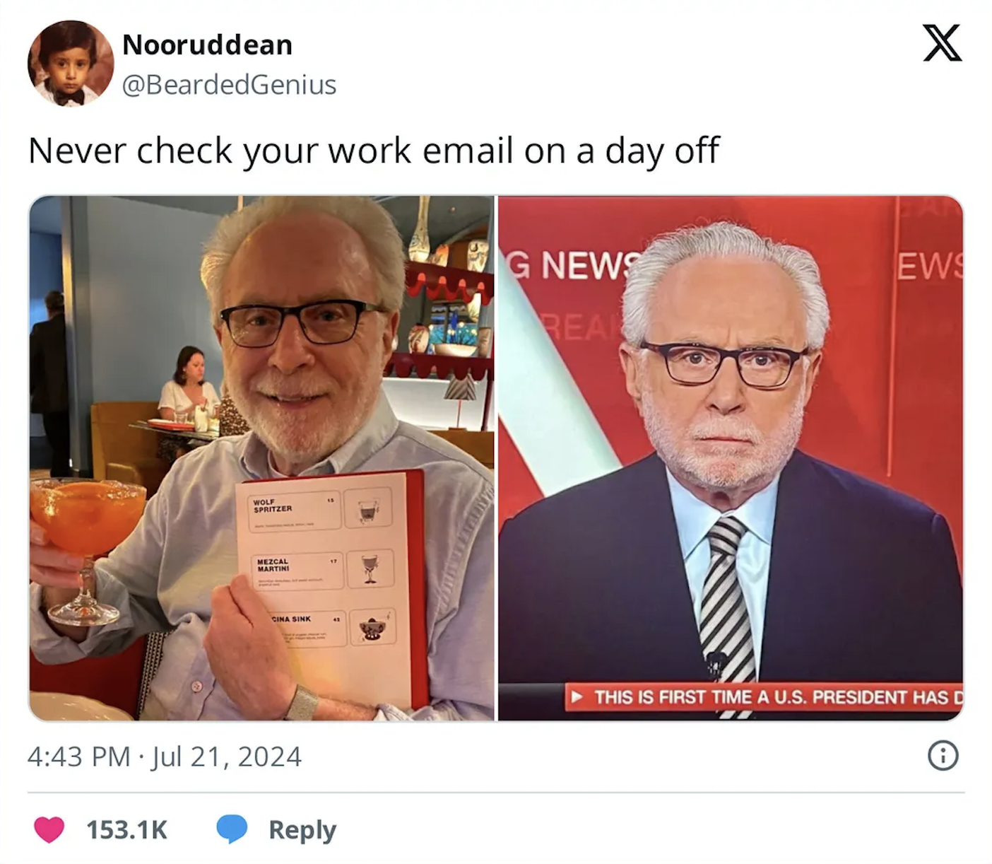 Wolf Blitzer holding a menu and his cocktail at El Presidente (left) and on air (right)