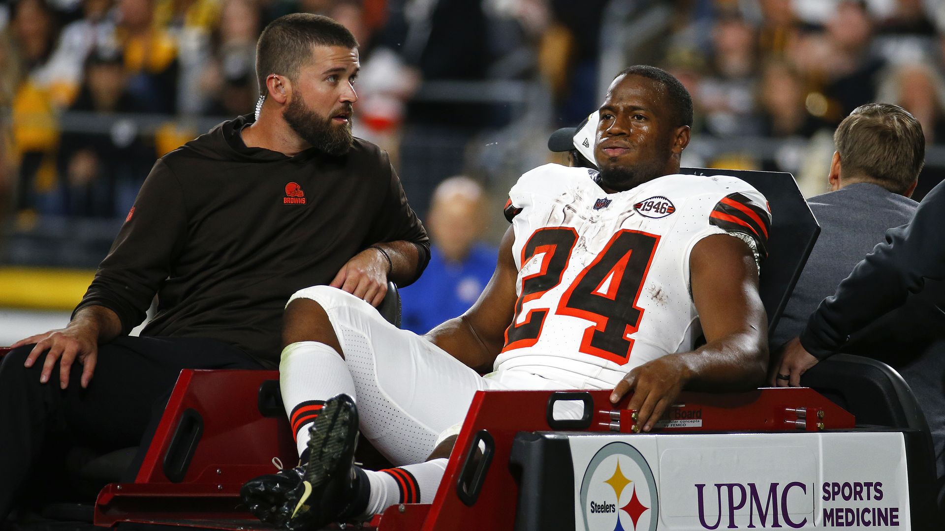 Browns running back Nick Chubb gets carted off the field.