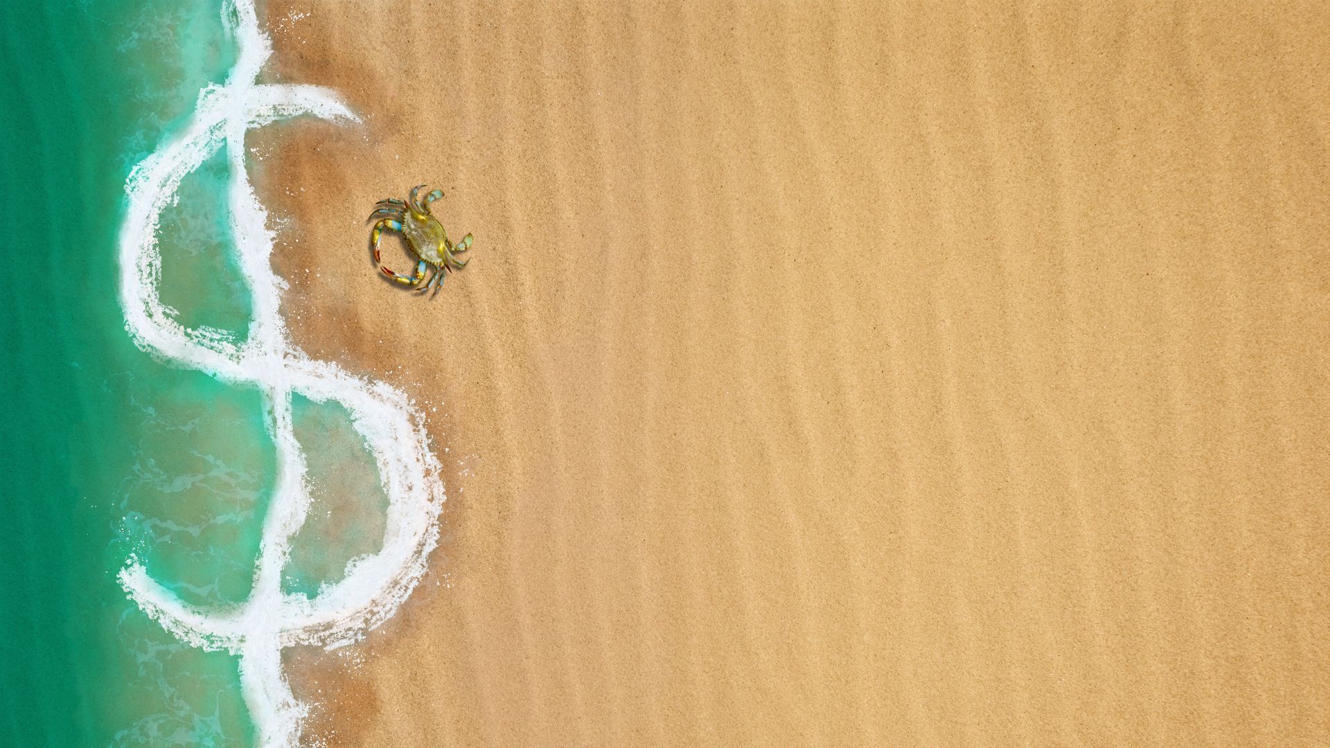 Illustration of a dollar-sign shaped wave on a beach shore