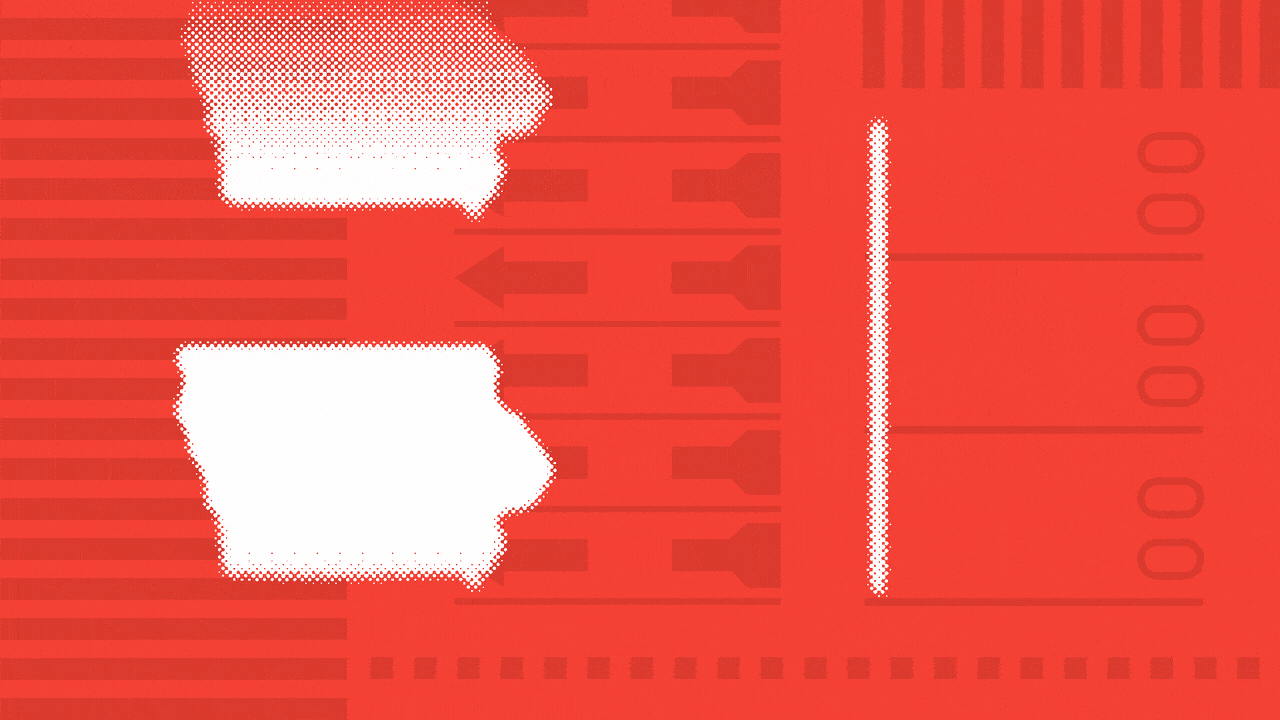 Animated photo illustration of a checkmark rotating to reveal a speaking Donald Trump, with a line of Iowa state outlines moving downward.