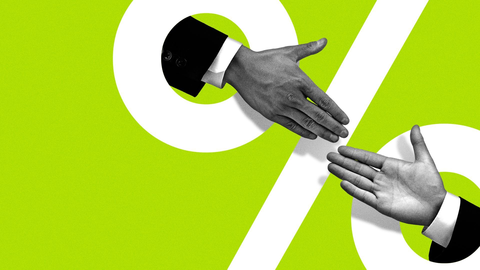 Illustration of two hands emerging from within a percentage symbol and reaching for a handshake. 