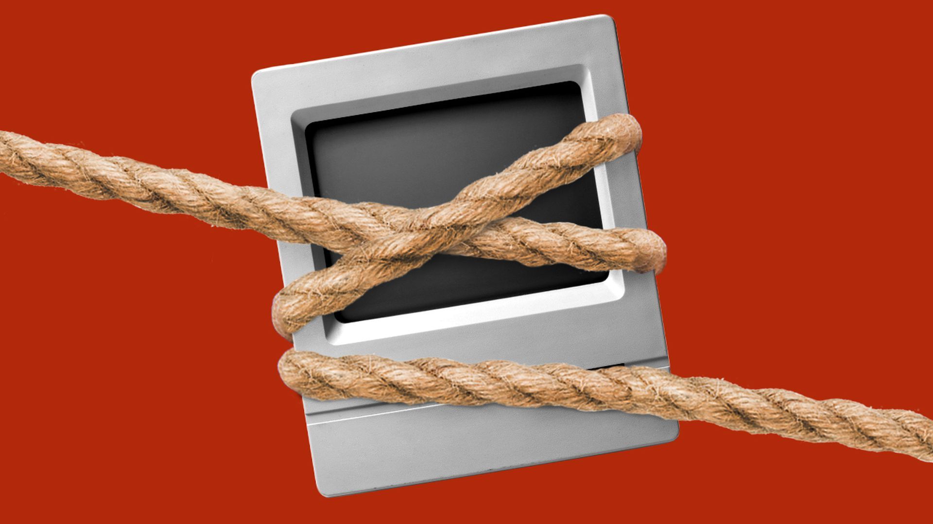 Illustration of a computer wrapped in ropes.