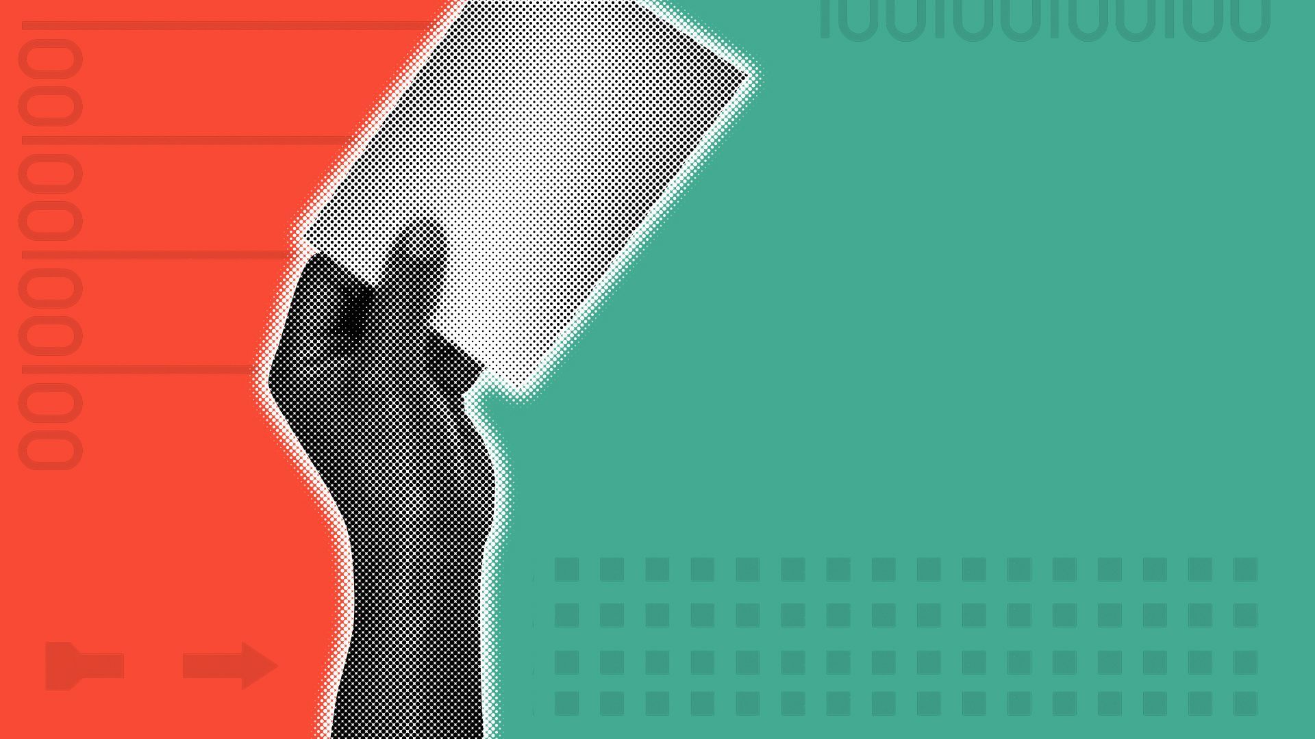 An illustration of a hand holding up a ballot surrounded by ballot imagery.