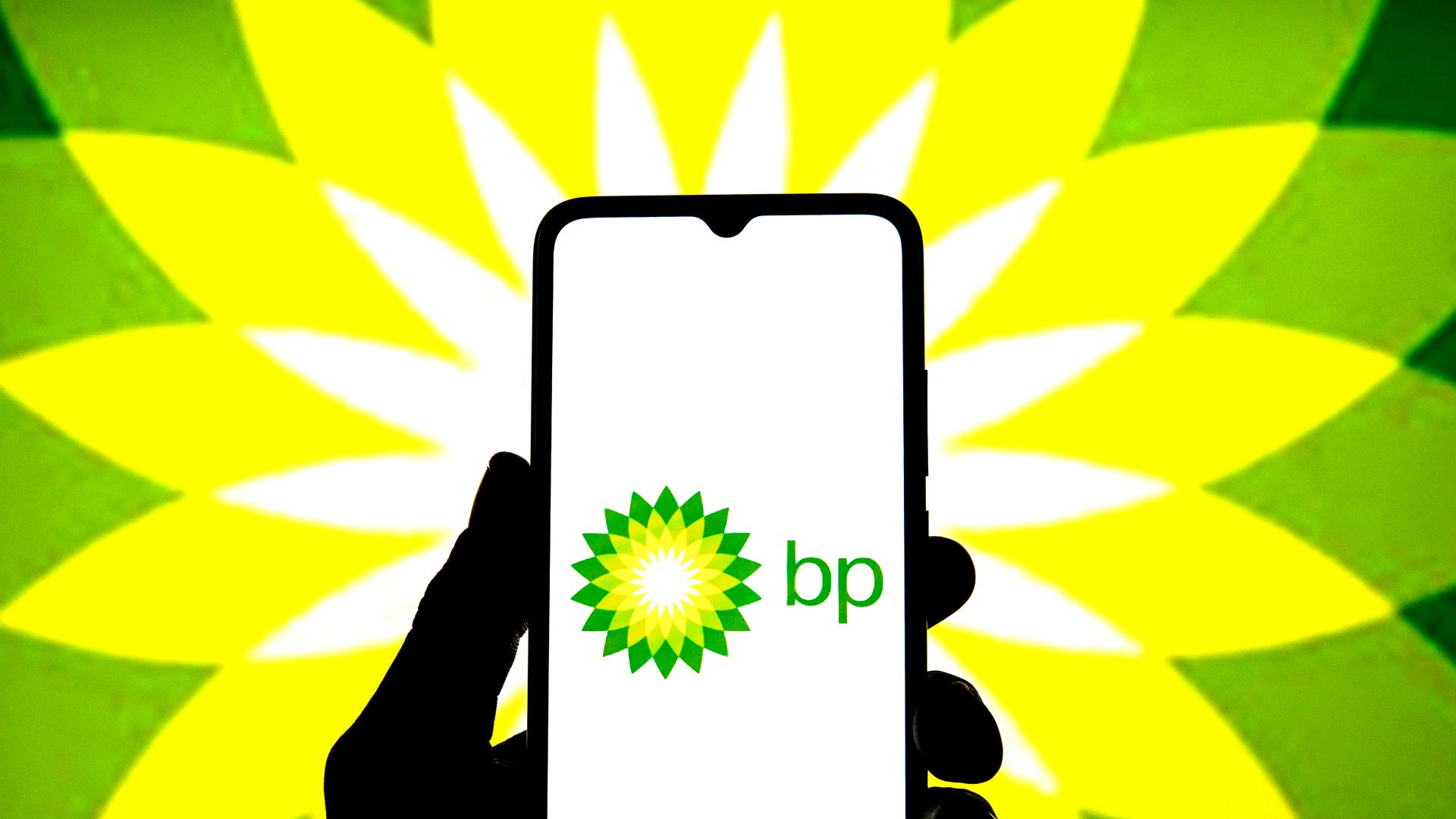 Photo of the BP logo on a phone