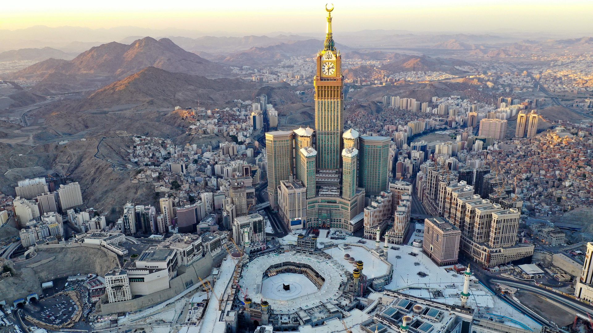 An aerial view shows the Grand Mosque and the Mecca Tower.