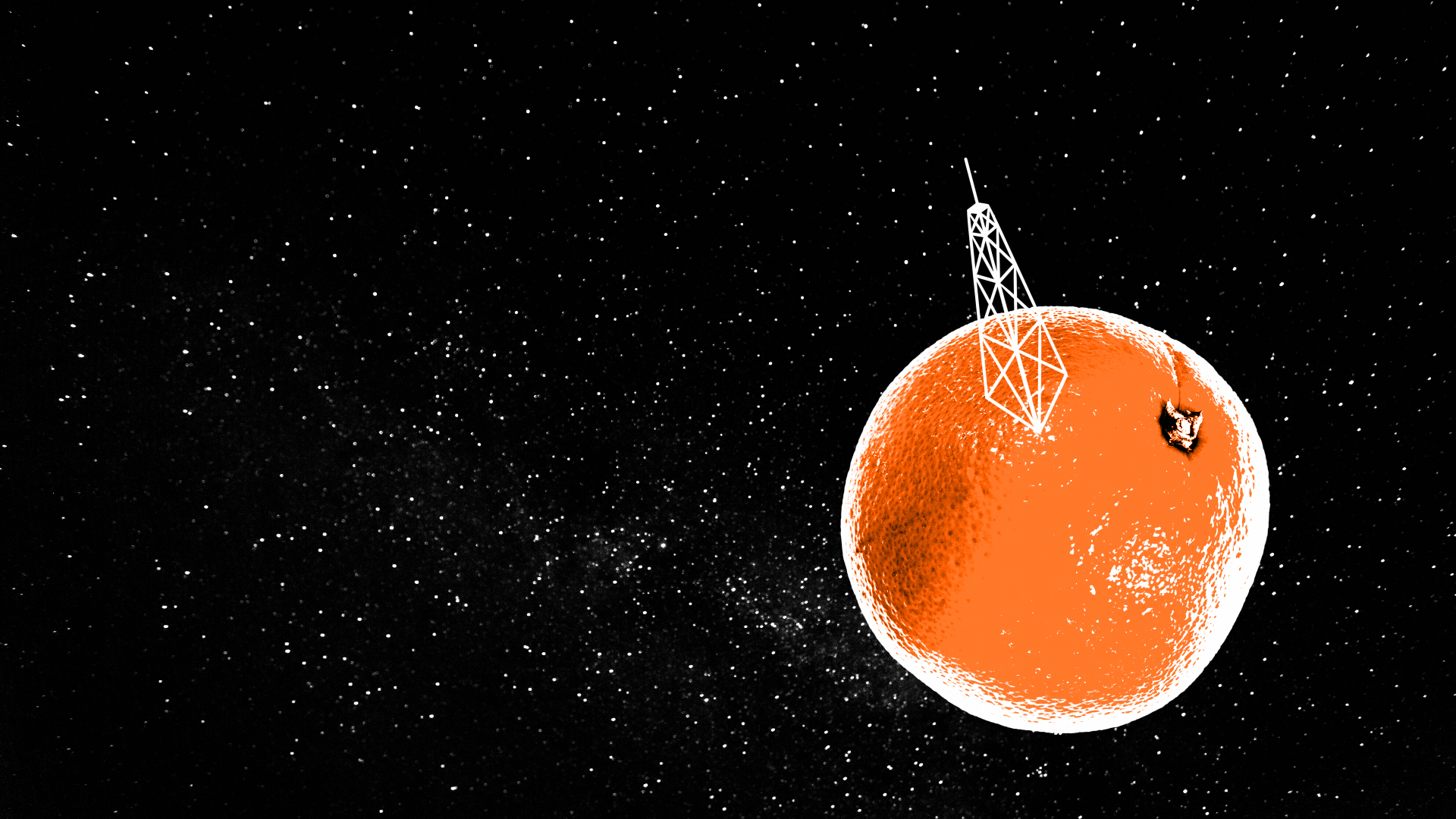 Illustration of an oversized broadcast antenna standing on an orange instead of the earth, with lightning bolts coming out of the top.