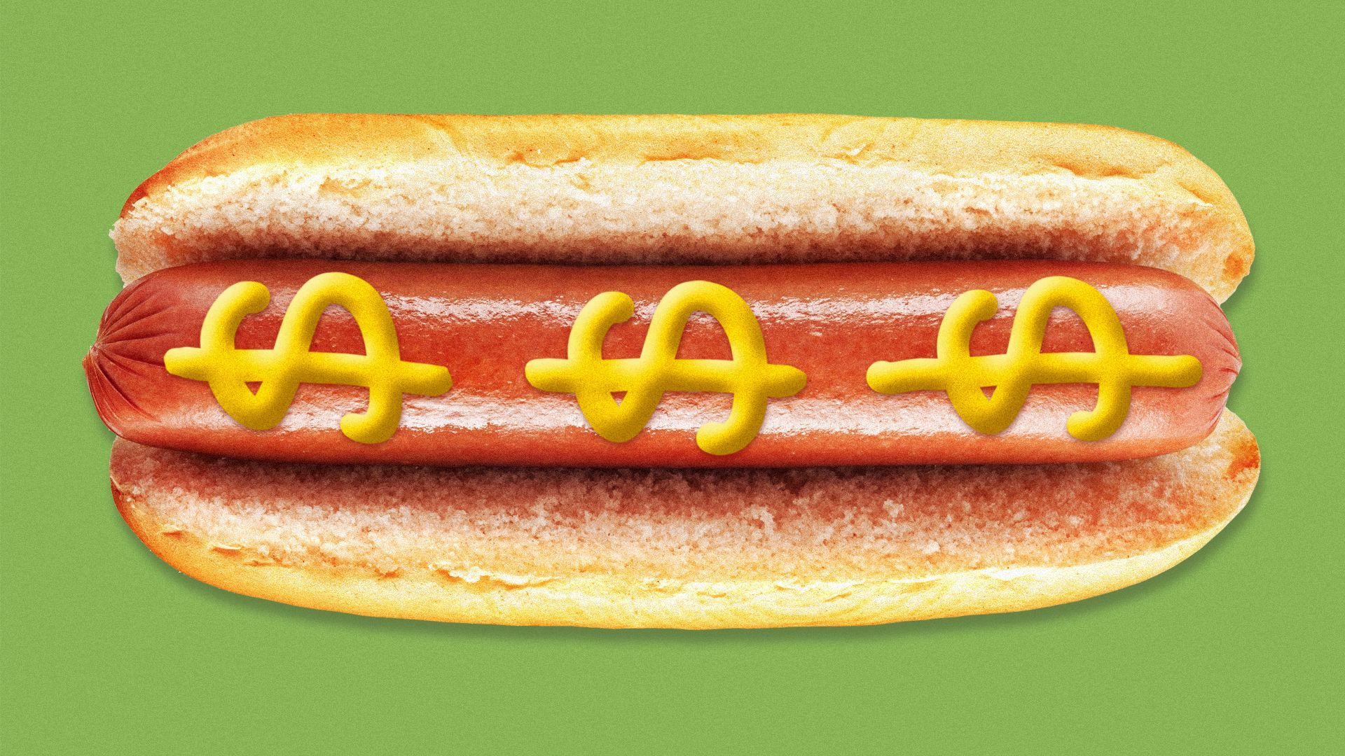 Illustration of a hot dog with mustard in the shape of dollar signs.