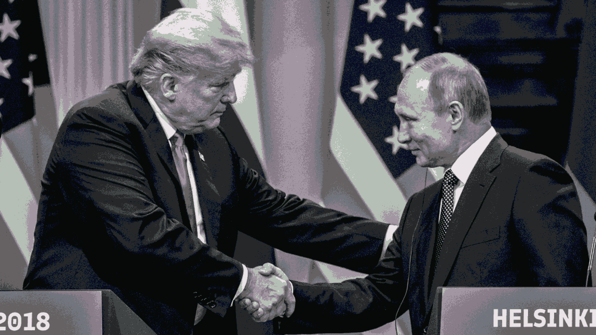 Deepfake illustration of Donald Trump shaking hands with Vladimir Putin.