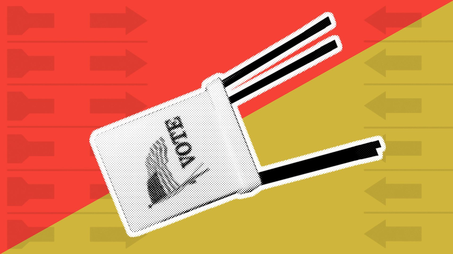 Illustration of a falling voting booth against a background with abstract ballot elements.