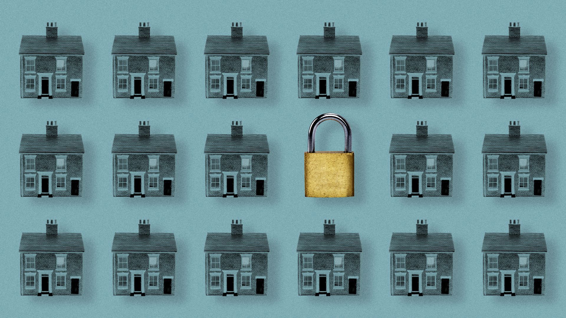 Three rows of identical houses on a blue background, with one of the houses replaced with a lock.