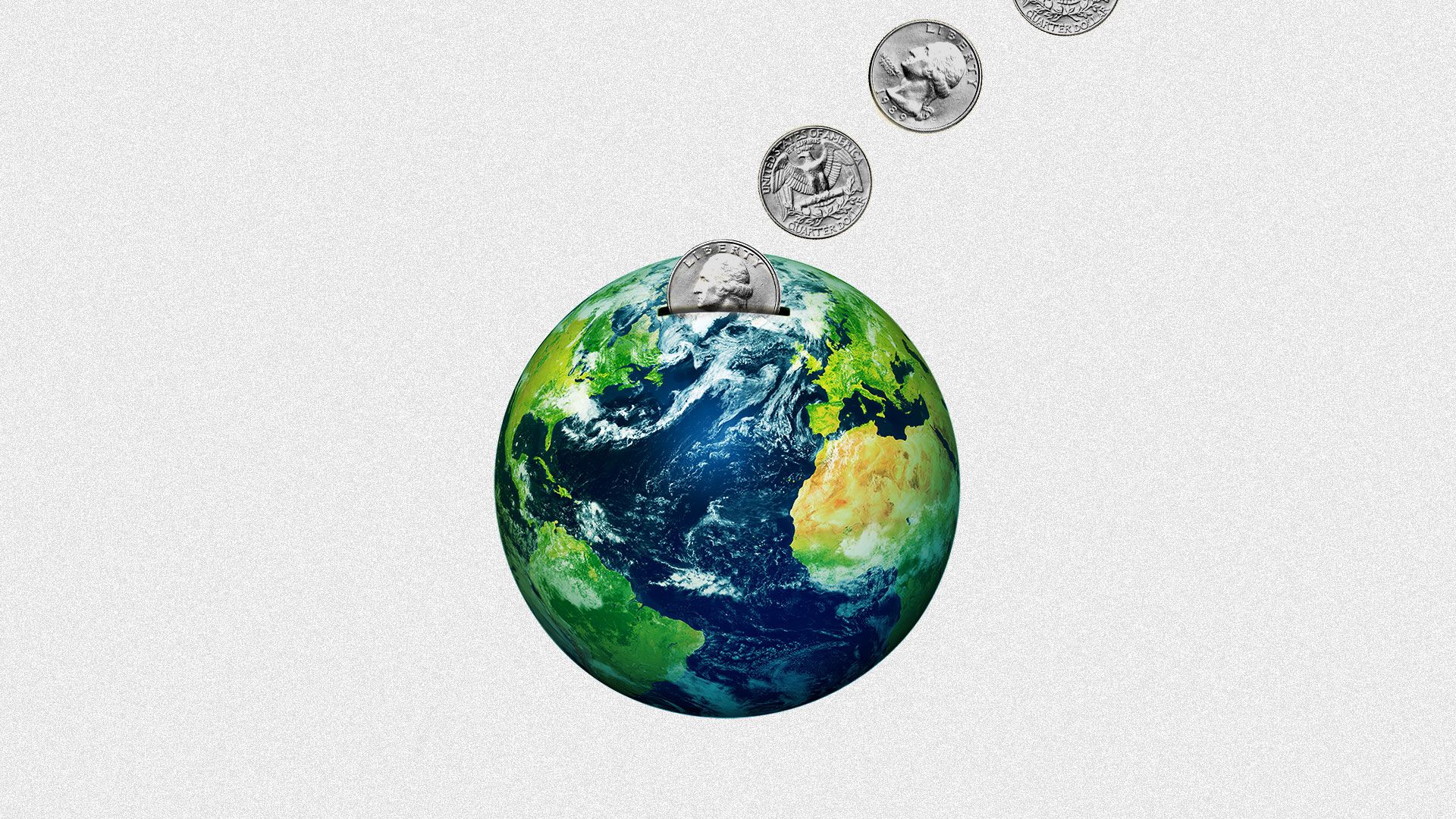 Illustration of the Earth as a piggy bank with coins falling into it. 