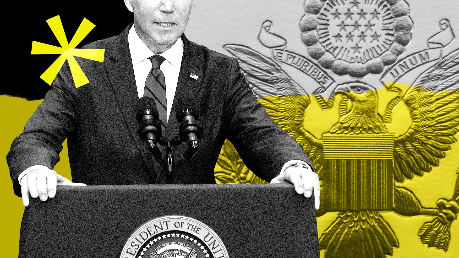 Photo Illustration of Joe Biden speaking at a podium with the presidential seal and an asterisk around him