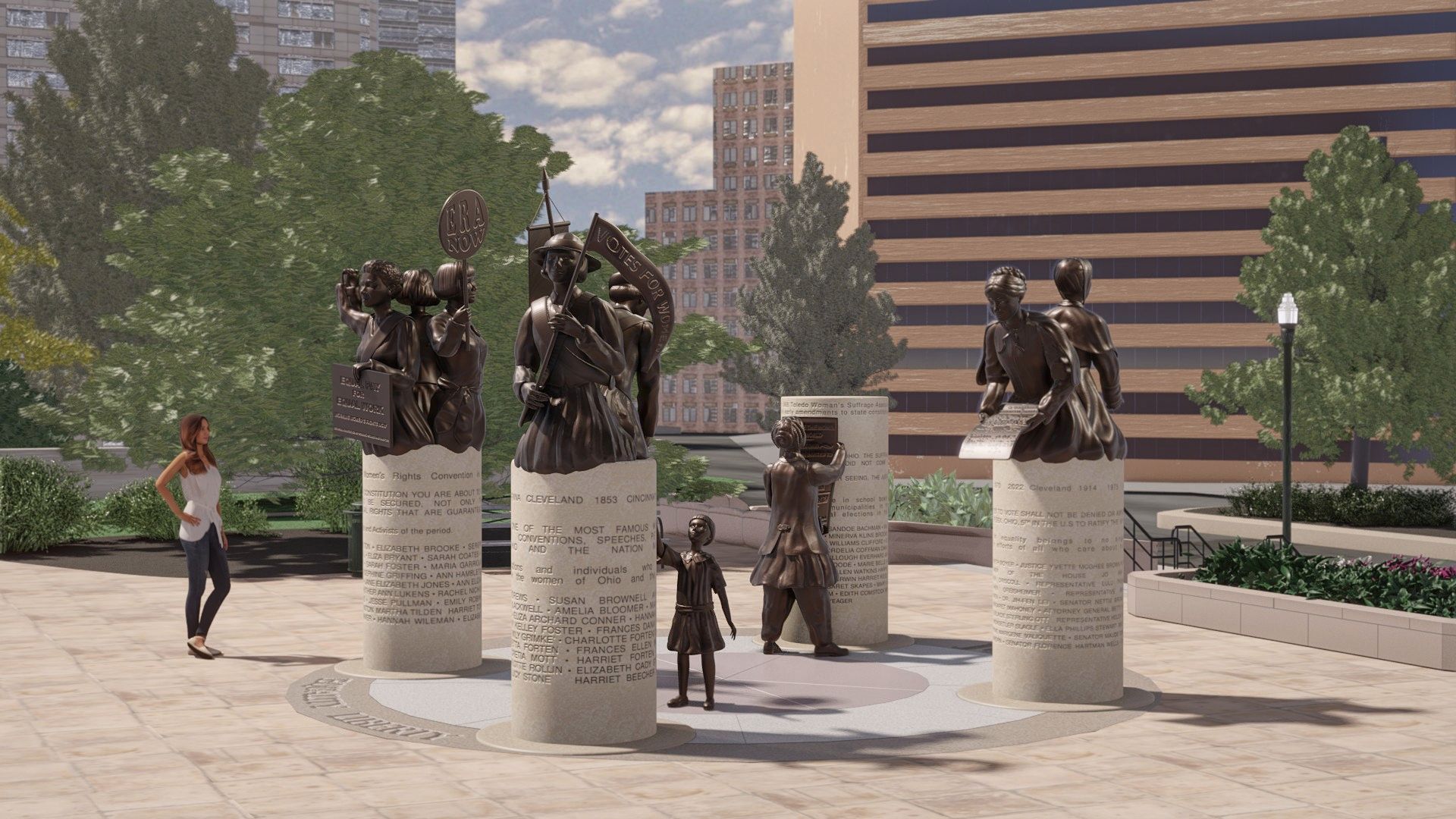 Bronze suffragist statues surround pedestals with inscribed names in a plaza; a woman in a white top and jeans watches as trees and buildings loom behind, and a banner reads "Votes for Women."