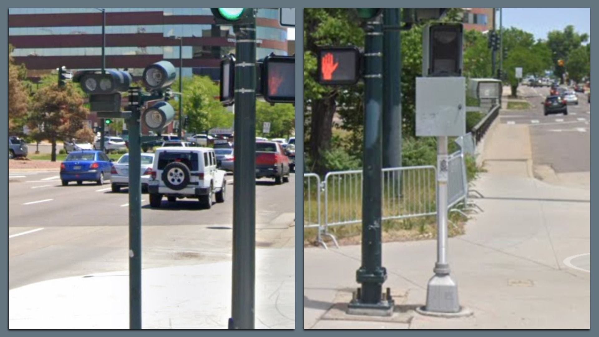 Two-panel street scene: left shows cars queued at an intersection with a green light and camera poles; right shows a red pedestrian hand signal, sidewalk, and railing.