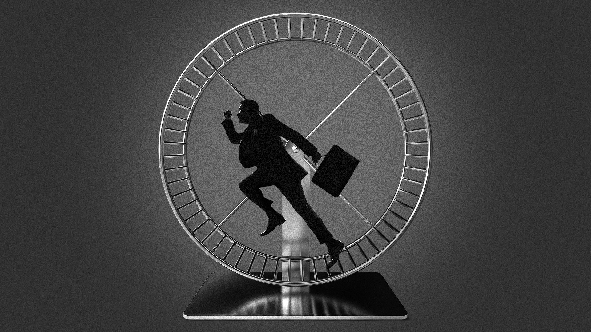 Illustration of a businessman holding a briefcase and running in a hamster wheel.