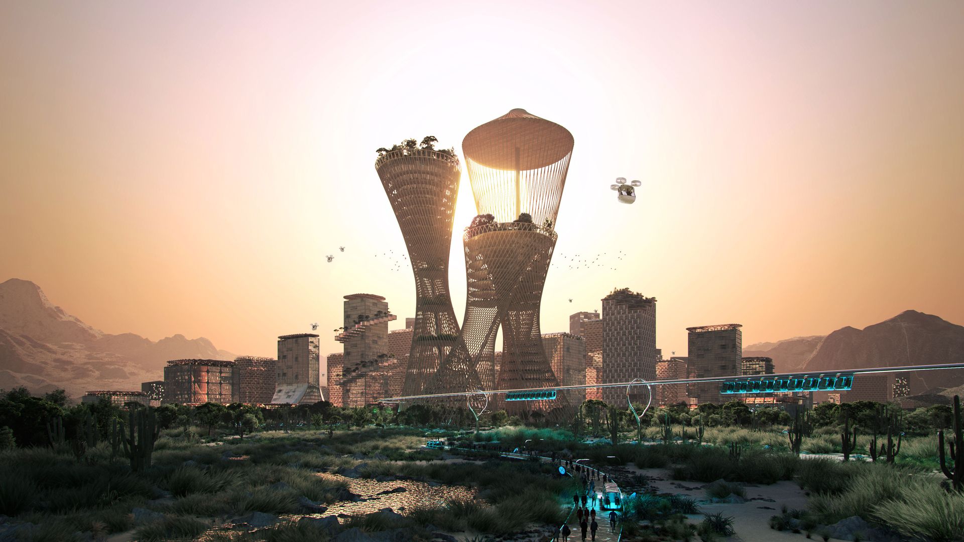 View of a futuristic city with residential towers and drones.