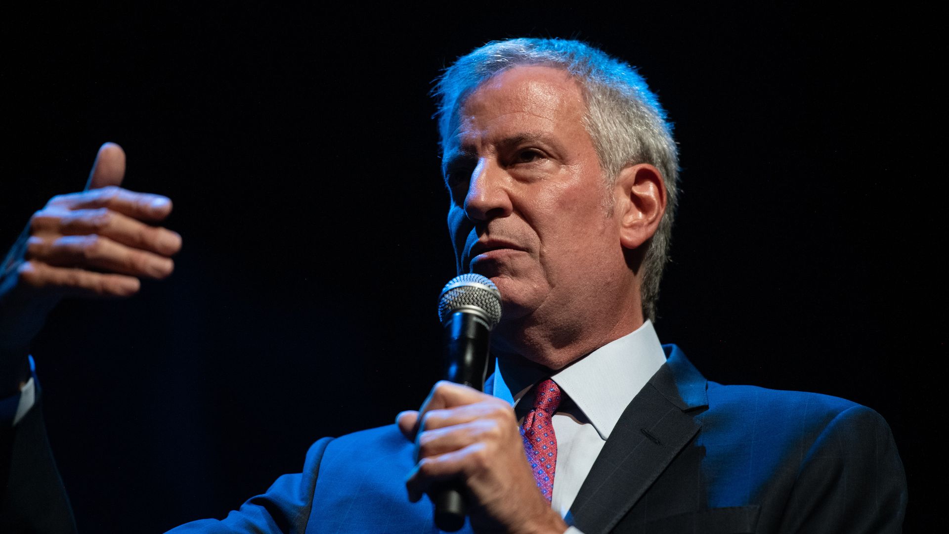 New York City Mayor Bill de Blasio speaks during Uptown Saturday Nite at the Apollo Theater on August 28, 2021.