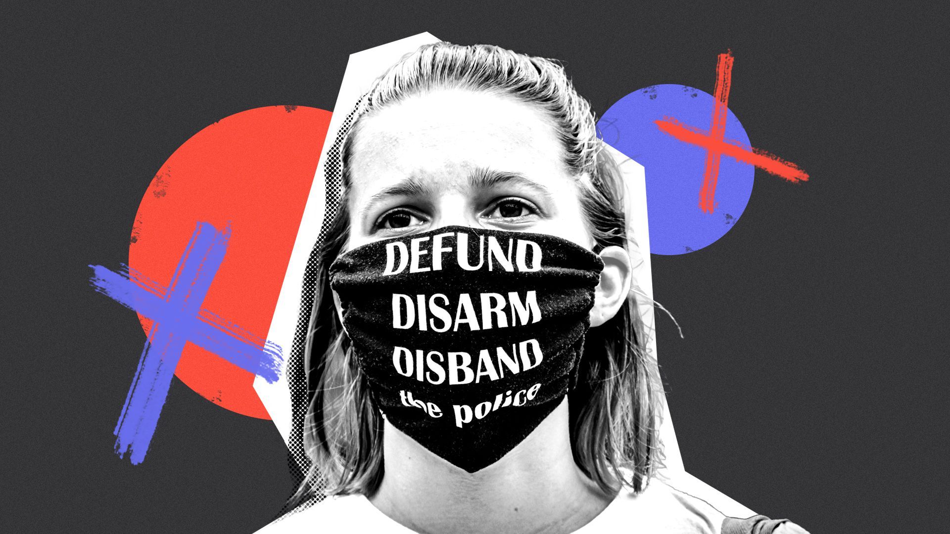 Illustration of a woman wearing a defund the police face mask surrounded by x's and circles