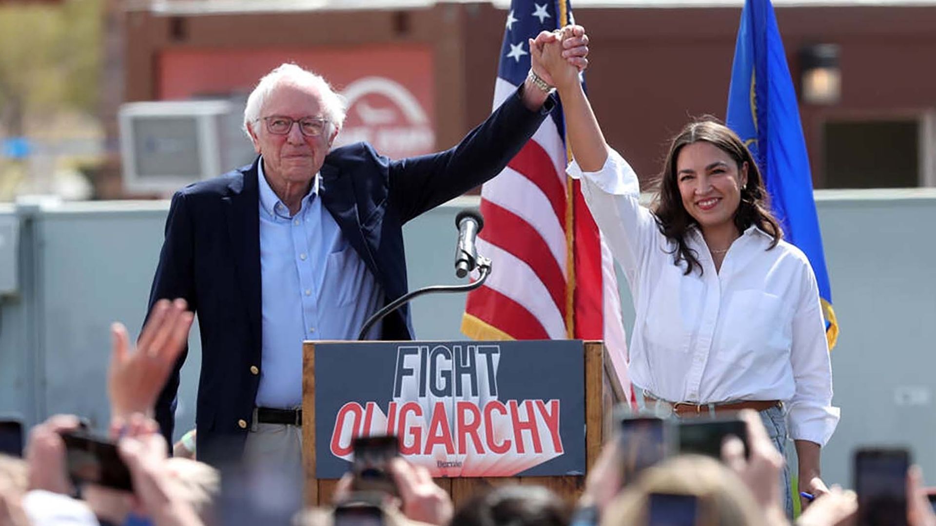 Sen. Bernie Sanders, I-Vt., and Rep. Alexandria Ocasio-Cortez, D-N.Y., greet the crowd during a rally at Craig Ranch Regional Park in North Las Vegas on Thursday, March 20, 2025.