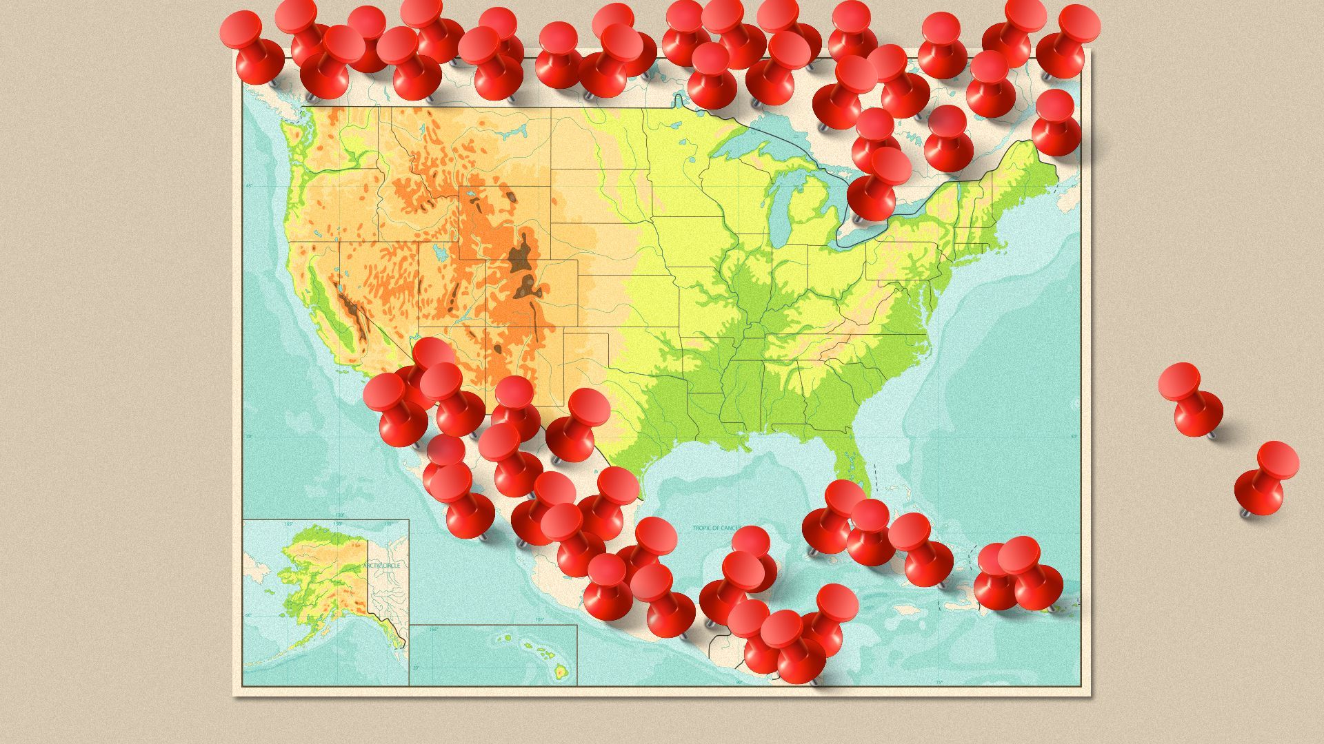 Illustration of a map of the United States surrounded by stick pins.